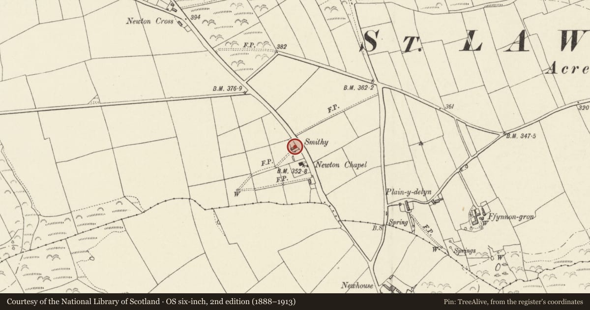Ordnance Survey six-inch map, 2nd edition (1888–1913) covering the location of Former Blacksmiths Shop, Hayscastle, Pembrokeshire, with a pin at the register's coordinates