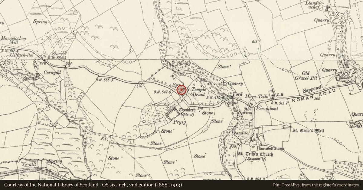 Ordnance Survey six-inch map, 2nd edition (1888–1913) covering the location of Farm buildings W of Temple Druid, Maenclochog, Pembrokeshire, with a pin at the register's coordinates