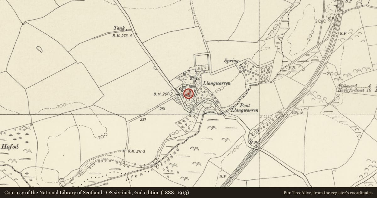 Ordnance Survey six-inch map, 2nd edition (1888–1913) covering the location of Silo Tower at Llangwarren Farm, Scleddau, Pembrokeshire, with a pin at the register's coordinates