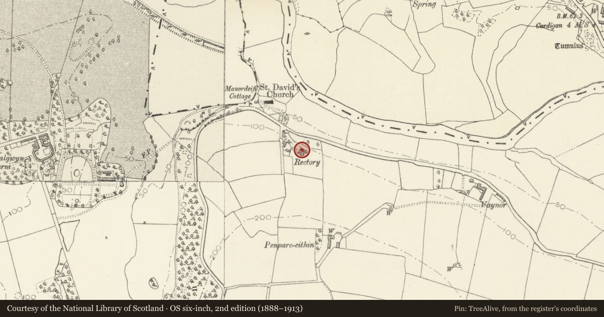 Ordnance Survey six-inch map, 2nd edition (1888–1913) covering the location of Manordeifi (Old Rectory), Pembrokeshire, with a pin at the register's coordinates