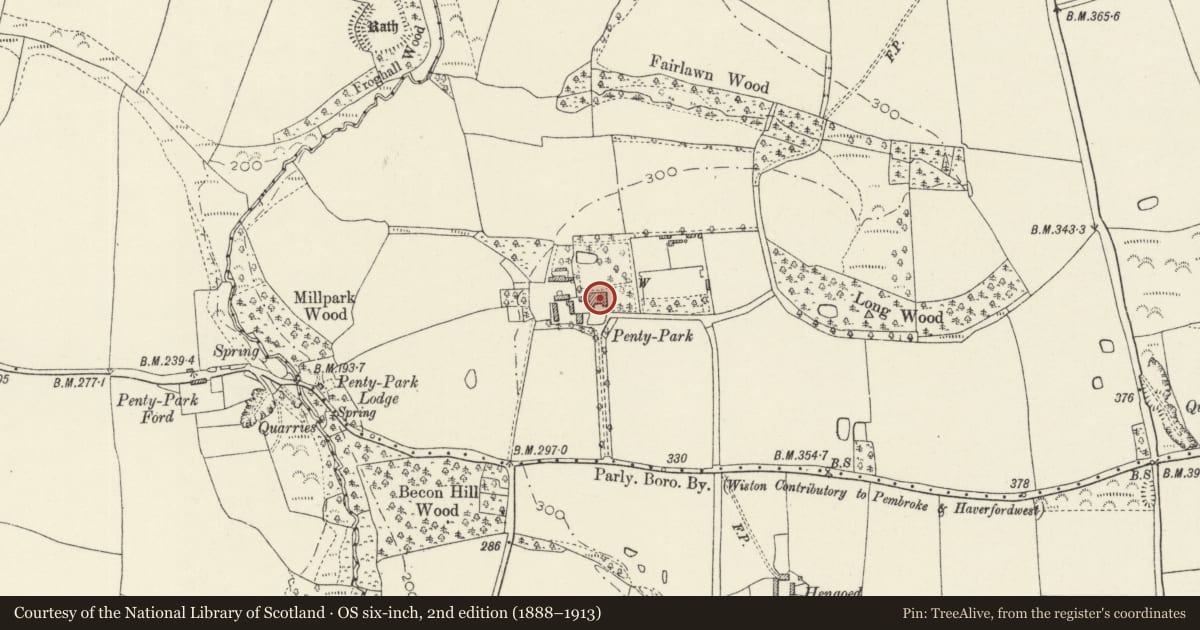 Ordnance Survey six-inch map, 2nd edition (1888–1913) covering the location of Penty Park, Wiston, Pembrokeshire, with a pin at the register's coordinates