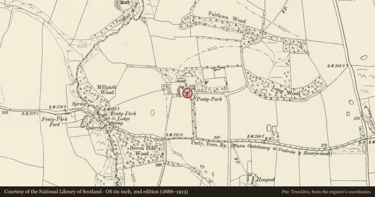 Ordnance Survey six-inch map, 2nd edition (1888–1913) covering the location of Stables at Penty Park, Wiston, Pembrokeshire, with a pin at the register's coordinates