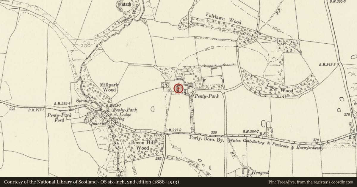 Ordnance Survey six-inch map, 2nd edition (1888–1913) covering the location of Pond House, Wiston, Pembrokeshire, with a pin at the register's coordinates