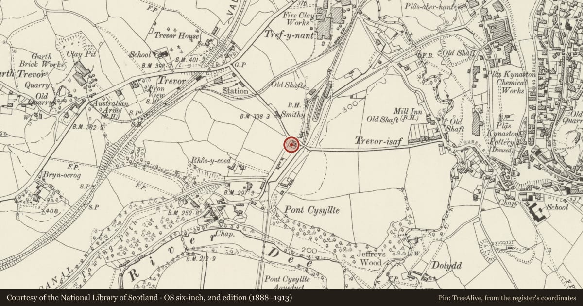 Ordnance Survey six-inch map, 2nd edition (1888–1913) covering the location of Telford Inn, Llangollen Rural, Wrexham, with a pin at the register's coordinates