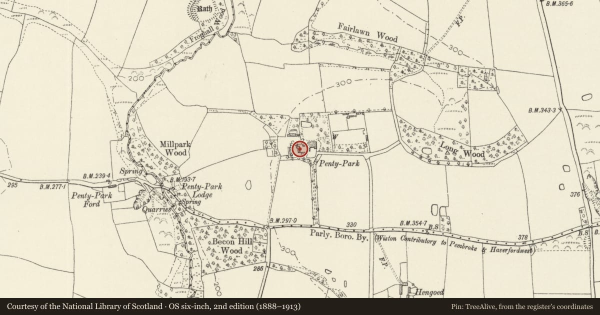 Ordnance Survey six-inch map, 2nd edition (1888–1913) covering the location of Osprey Hall, Wiston, Pembrokeshire, with a pin at the register's coordinates