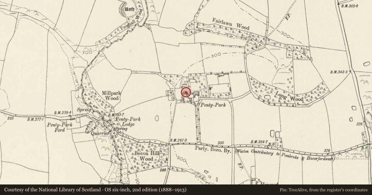 Ordnance Survey six-inch map, 2nd edition (1888–1913) covering the location of Tithe Barn, Wiston, Pembrokeshire, with a pin at the register's coordinates