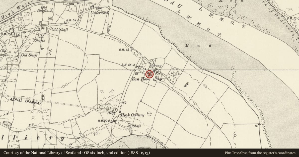 Ordnance Survey six-inch map, 2nd edition (1888–1913) covering the location of East Hook, Pembrokeshire, with a pin at the register's coordinates