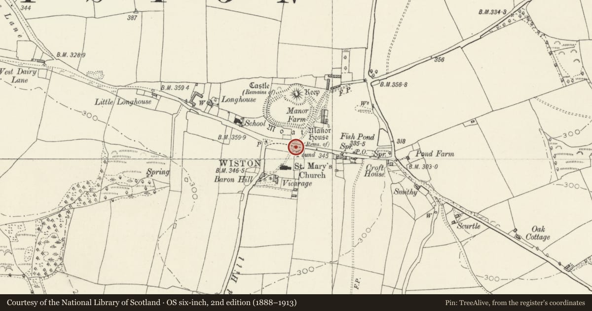 Ordnance Survey six-inch map, 2nd edition (1888–1913) covering the location of Telephone Call-box to N of the Church of Saint Mary, Wiston, Pembrokeshire, with a pin at the register's coordinates