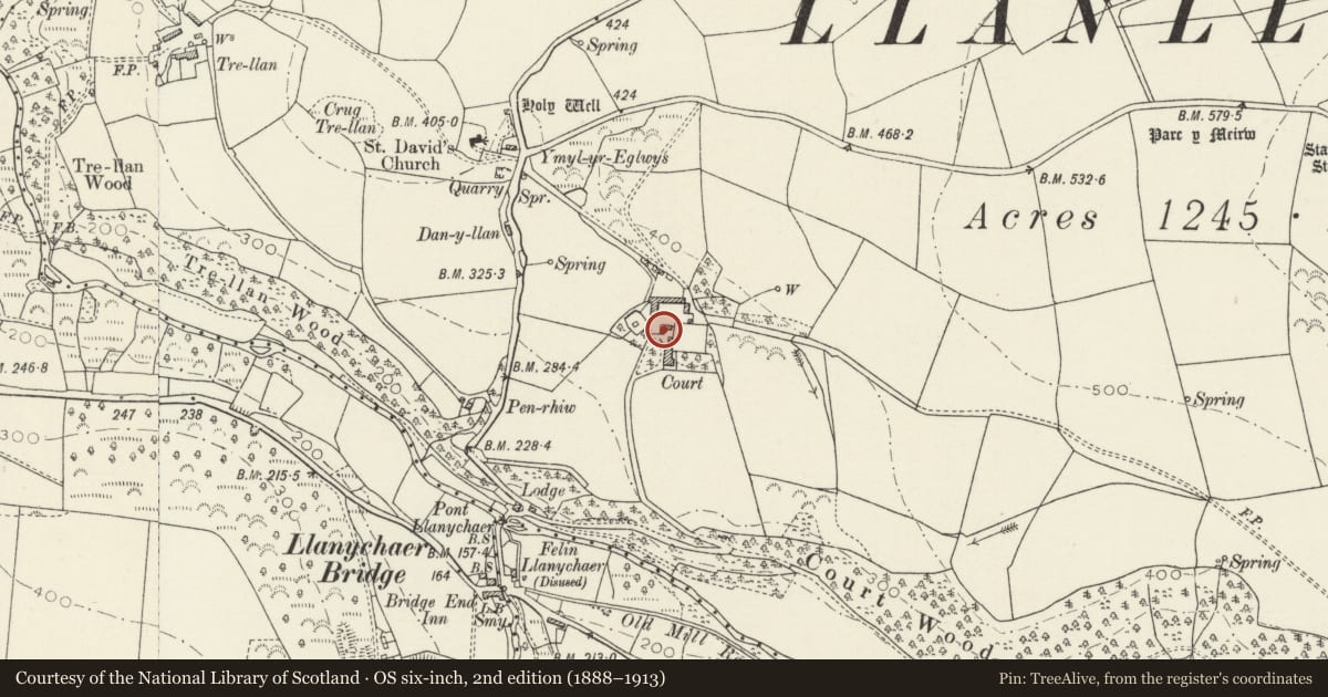 Ordnance Survey six-inch map, 2nd edition (1888–1913) covering the location of Coach-house at Court/Cwrt, Cwm Gwaun, Pembrokeshire, with a pin at the register's coordinates