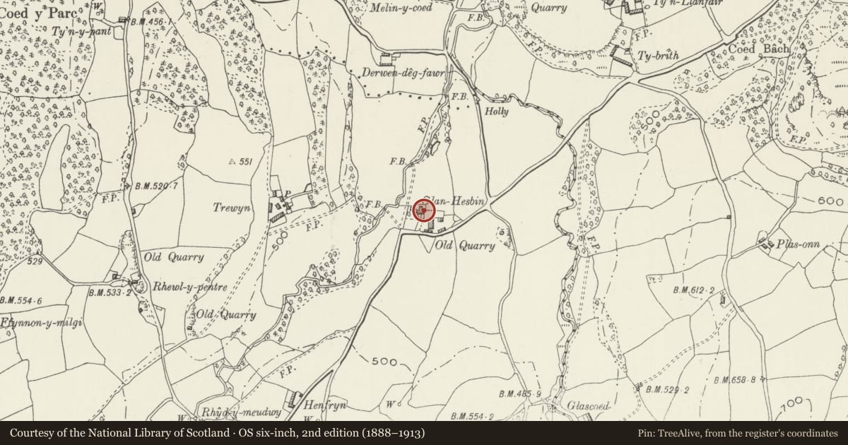Ordnance Survey six-inch map, 2nd edition (1888–1913) covering the location of Glan-hespin Farmhouse, Llanfair Dyffryn Clwyd, Denbighshire, with a pin at the register's coordinates