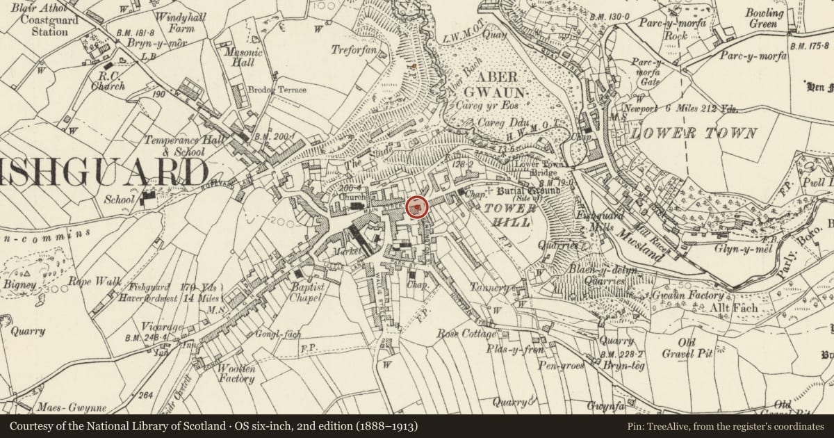 Ordnance Survey six-inch map, 2nd edition (1888–1913) covering the location of 32 Main Street, including area railings, Fishguard and Goodwick, Pembrokeshire, with a pin at the register's coordinates