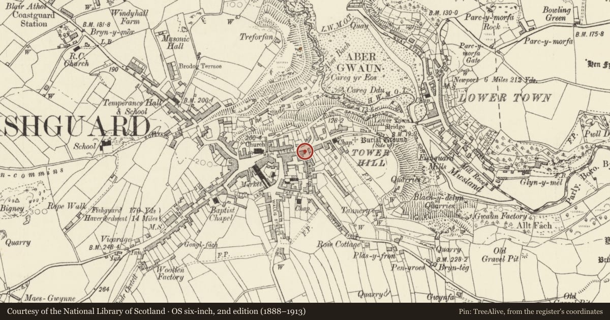 Ordnance Survey six-inch map, 2nd edition (1888–1913) covering the location of Vincent House, Fishguard and Goodwick, Pembrokeshire, with a pin at the register's coordinates