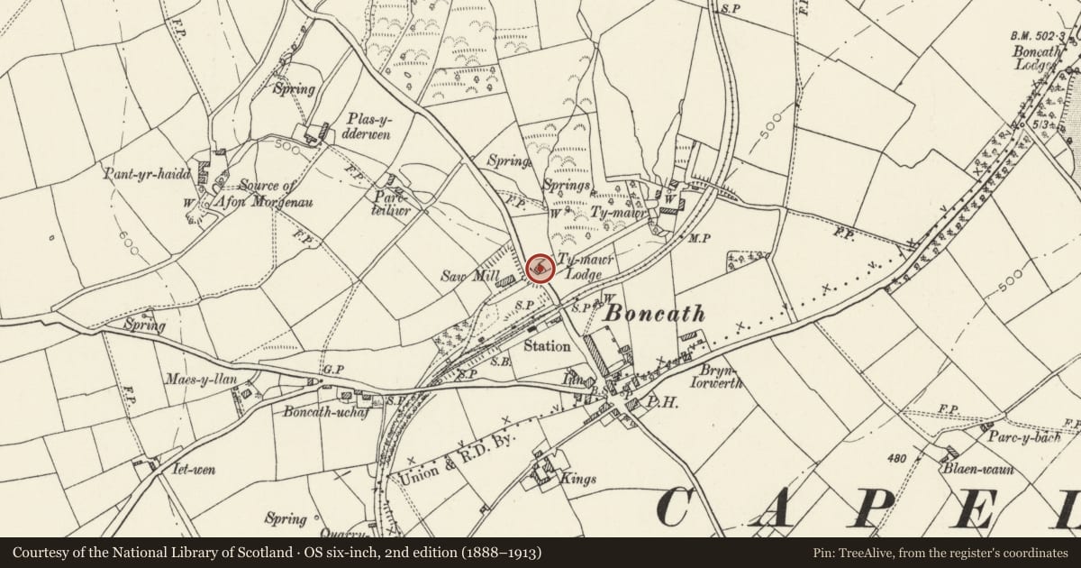 Ordnance Survey six-inch map, 2nd edition (1888–1913) covering the location of Ty Mawr Lodge, Boncath, Pembrokeshire, with a pin at the register's coordinates