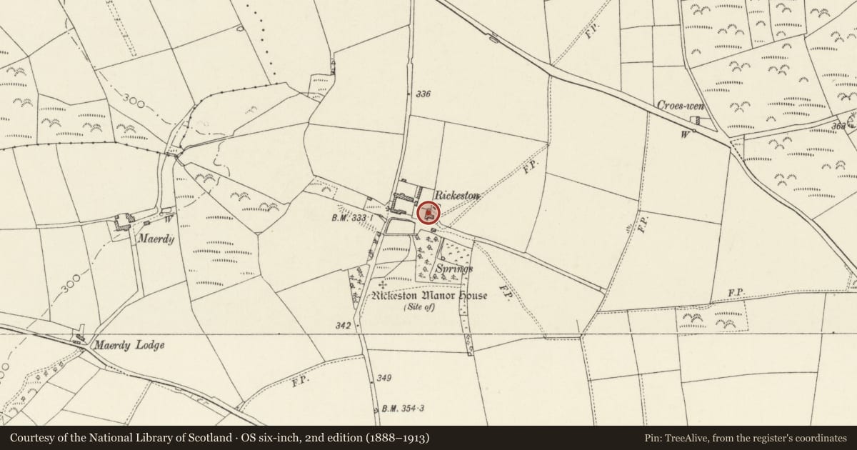 Ordnance Survey six-inch map, 2nd edition (1888–1913) covering the location of Rickeston Hall, Brawdy, Pembrokeshire, with a pin at the register's coordinates