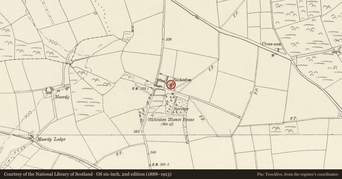 Ordnance Survey six-inch map, 2nd edition (1888–1913) covering the location of Three-Seater Privy to N of Rickeston Hall, Brawdy, Pembrokeshire, with a pin at the register's coordinates