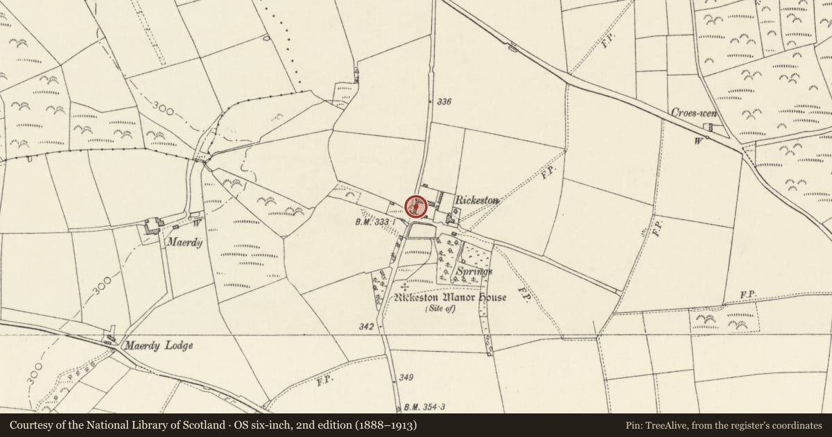 Ordnance Survey six-inch map, 2nd edition (1888–1913) covering the location of U-Plan Farmhouse Ranges at Rickeston Hall, Brawdy, Pembrokeshire, with a pin at the register's coordinates