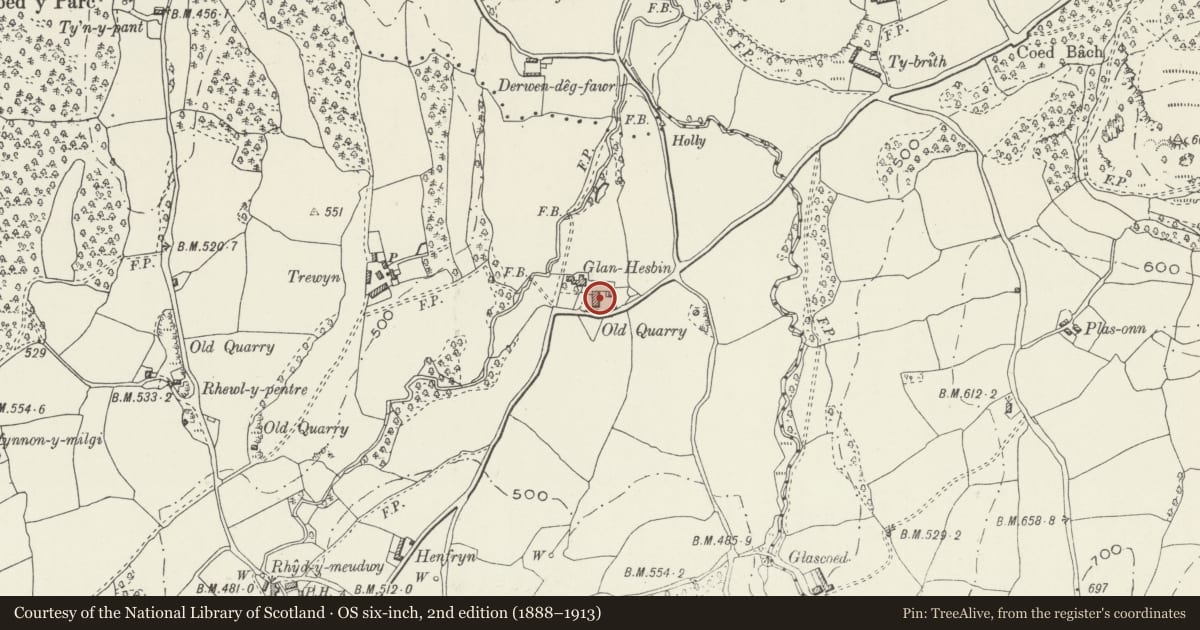 Ordnance Survey six-inch map, 2nd edition (1888–1913) covering the location of Barn at Glan-hespin, Llanfair Dyffryn Clwyd, Denbighshire, with a pin at the register's coordinates