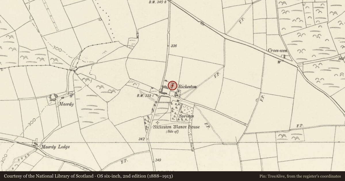 Ordnance Survey six-inch map, 2nd edition (1888–1913) covering the location of Carriage-House at Rickeston Hall, Brawdy, Pembrokeshire, with a pin at the register's coordinates