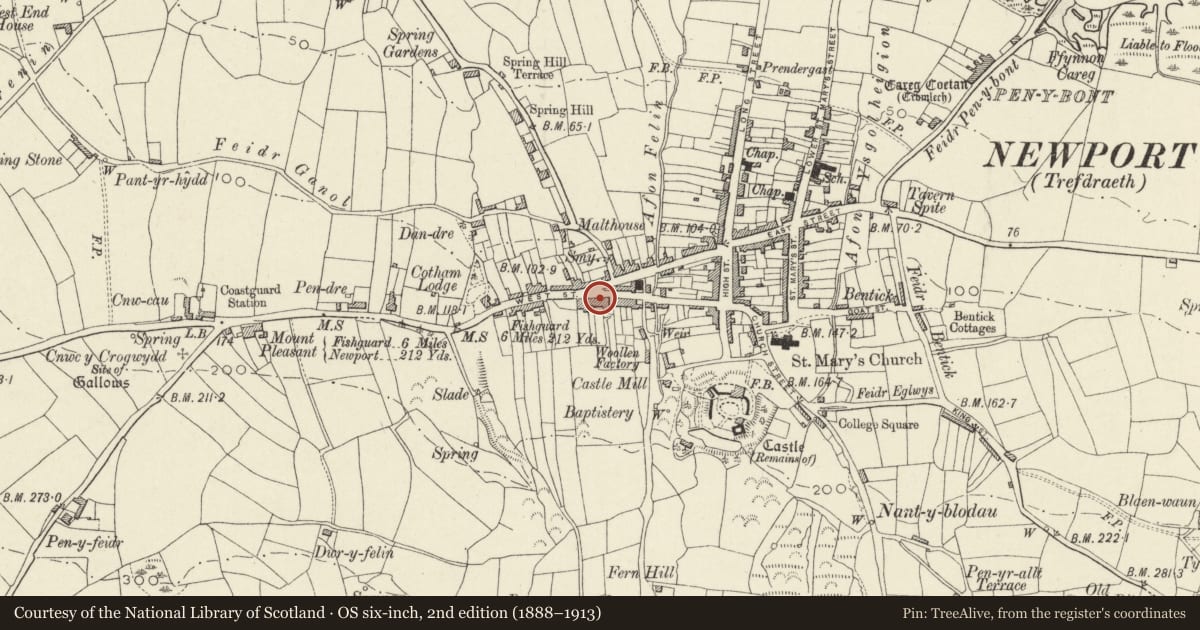 Ordnance Survey six-inch map, 2nd edition (1888–1913) covering the location of Westleigh, Newport, Pembrokeshire, with a pin at the register's coordinates