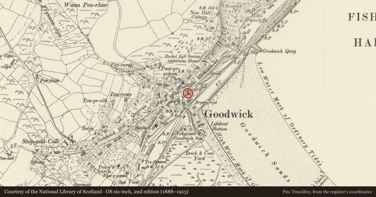 Ordnance Survey six-inch map, 2nd edition (1888–1913) covering the location of Goodwick Institute, Fishguard and Goodwick, Pembrokeshire, with a pin at the register's coordinates