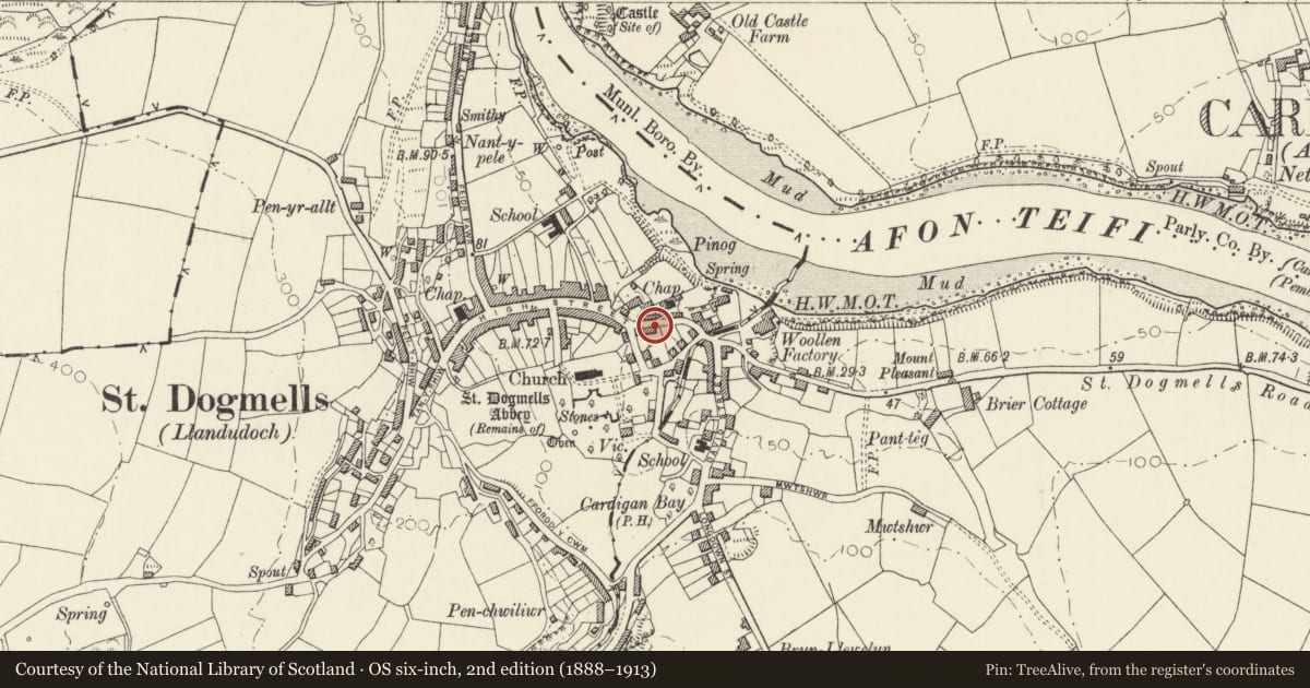Ordnance Survey six-inch map, 2nd edition (1888–1913) covering the location of 3 Finch Street, St. Dogmaels, Pembrokeshire, with a pin at the register's coordinates