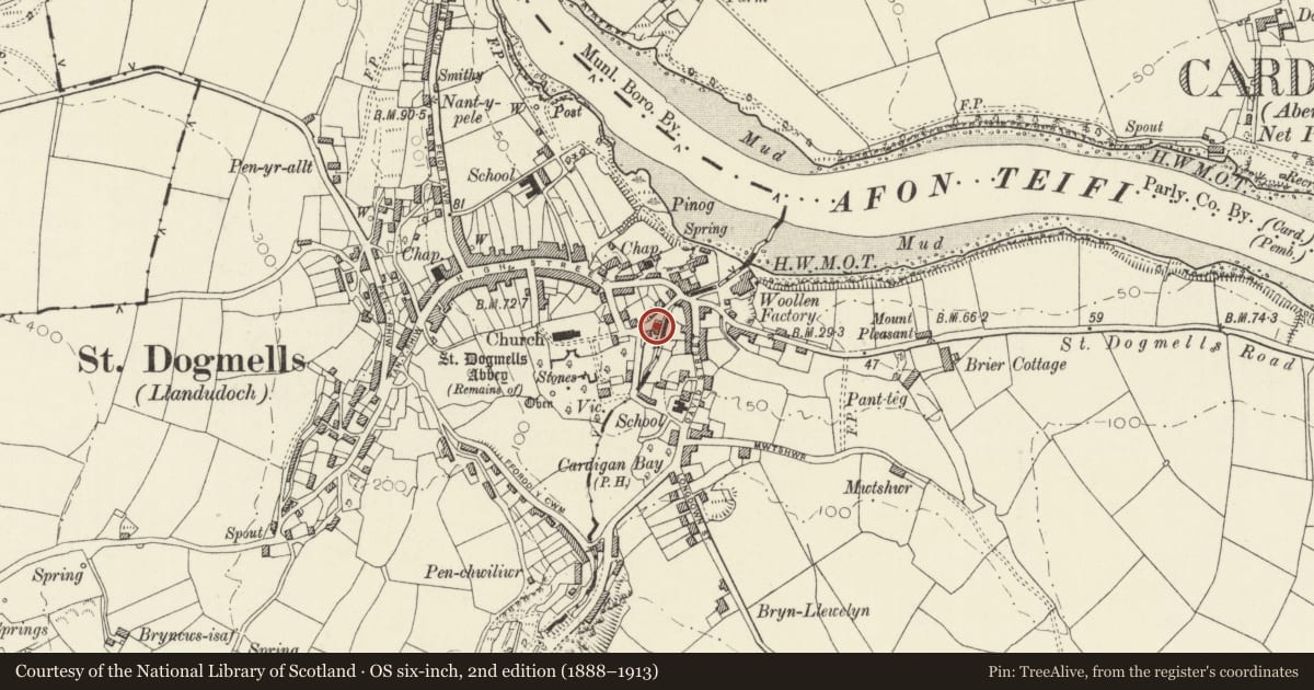 Ordnance Survey six-inch map, 2nd edition (1888–1913) covering the location of Y Felin, St. Dogmaels, Pembrokeshire, with a pin at the register's coordinates