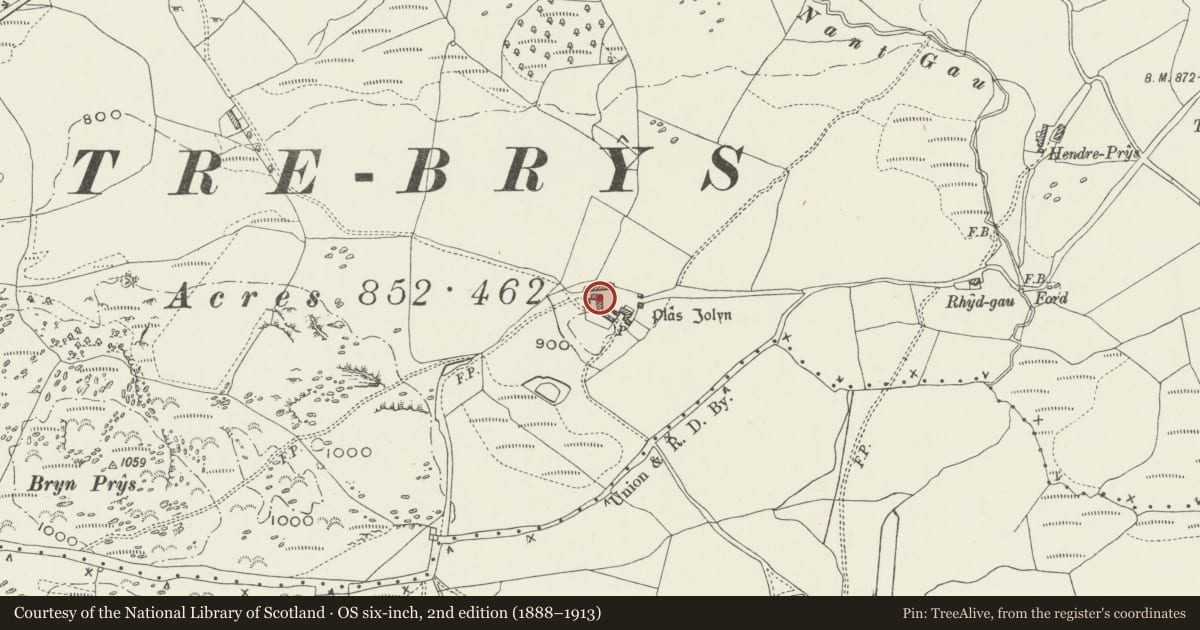 Ordnance Survey six-inch map, 2nd edition (1888–1913) covering the location of Farm building at Plas Iolyn, Pentrefoelas, Conwy, with a pin at the register's coordinates
