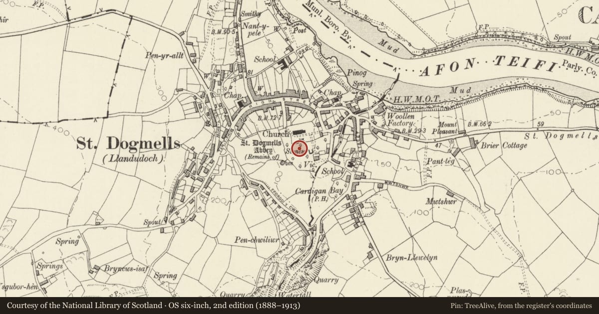 Ordnance Survey six-inch map, 2nd edition (1888–1913) covering the location of Ruins of Abbey of St Mary, St. Dogmaels, Pembrokeshire, with a pin at the register's coordinates