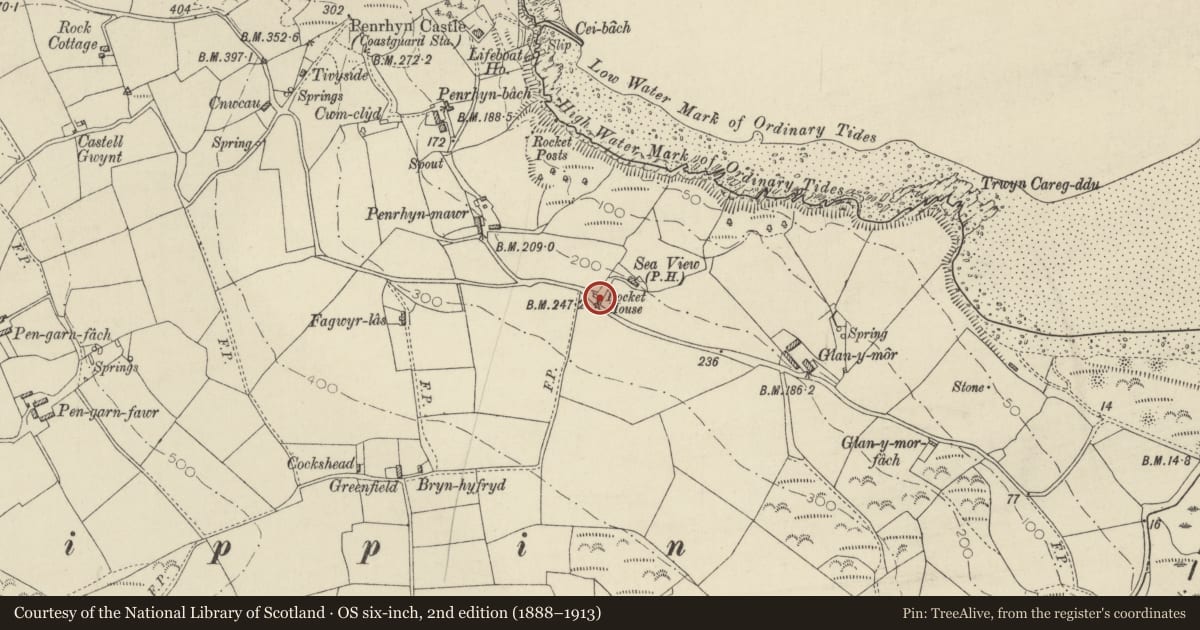 Ordnance Survey six-inch map, 2nd edition (1888–1913) covering the location of Former Rocket Apparatus Store, St. Dogmaels, Pembrokeshire, with a pin at the register's coordinates