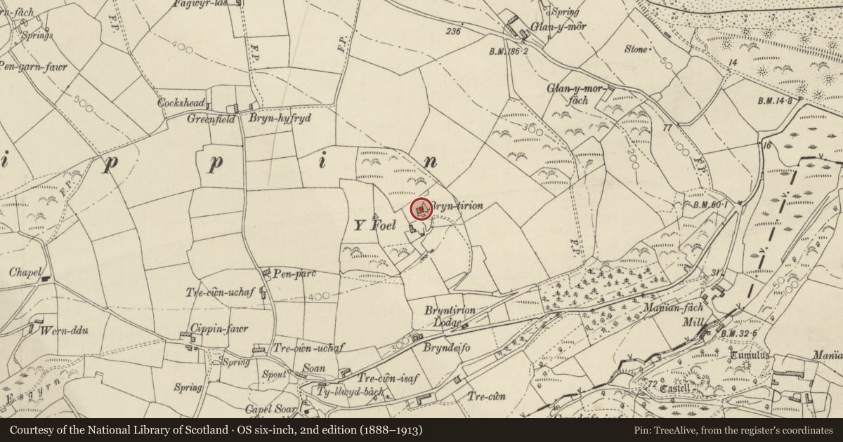 Ordnance Survey six-inch map, 2nd edition (1888–1913) covering the location of Bryntirion, St. Dogmaels, Pembrokeshire, with a pin at the register's coordinates