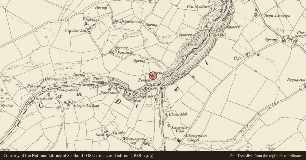 Ordnance Survey six-inch map, 2nd edition (1888–1913) covering the location of Pencwm, St. Dogmaels, Pembrokeshire, with a pin at the register's coordinates