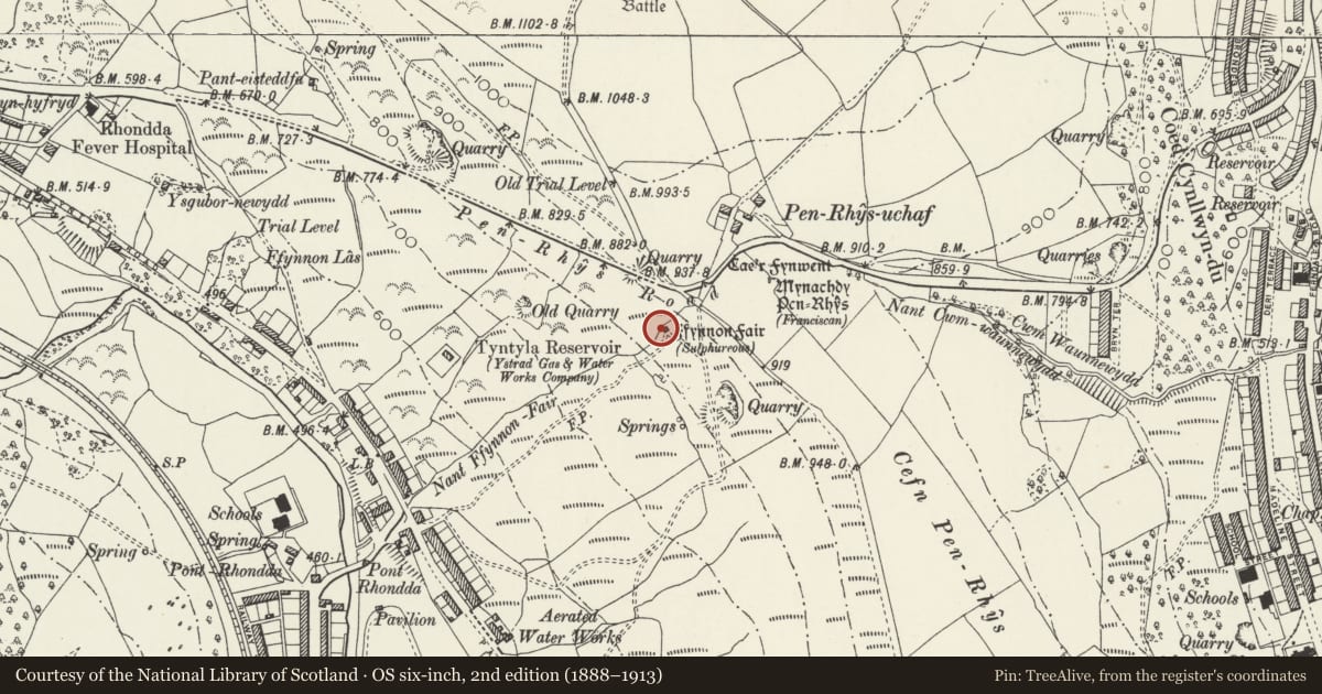 Ordnance Survey six-inch map, 2nd edition (1888–1913) covering the location of Wellhouse to Ffynnon Fair, Llwyn-y-Pia, Rhondda Cynon Taff, with a pin at the register's coordinates