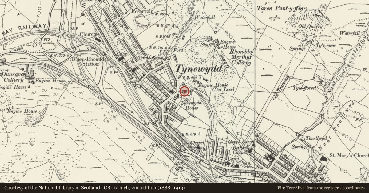 Ordnance Survey six-inch map, 2nd edition (1888–1913) covering the location of Tynewydd Farm House, Treherbert, Rhondda Cynon Taff, with a pin at the register's coordinates