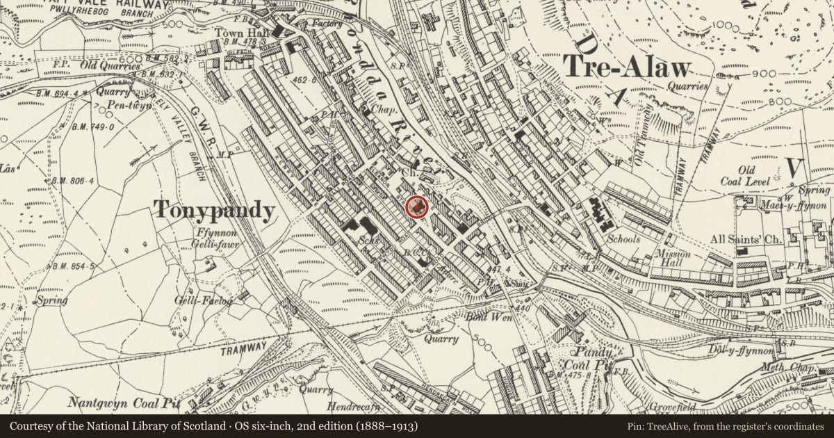 Ordnance Survey six-inch map, 2nd edition (1888–1913) covering the location of Ebenezer Welsh Independent Chapel, Tonypandy, Rhondda Cynon Taff, with a pin at the register's coordinates