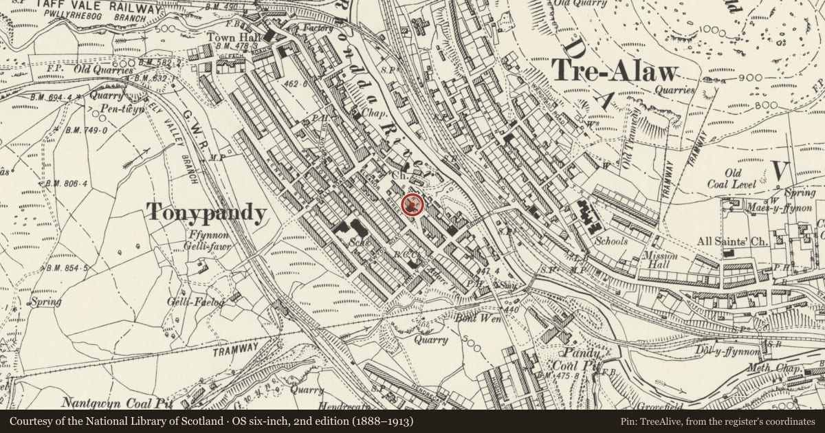 Ordnance Survey six-inch map, 2nd edition (1888–1913) covering the location of Forecourt and terrace walls with lamp standard, railings and gates at Ebenezer Chapel, Tonypandy, Rhondda Cynon Taff, with a pin at the register's coordinates