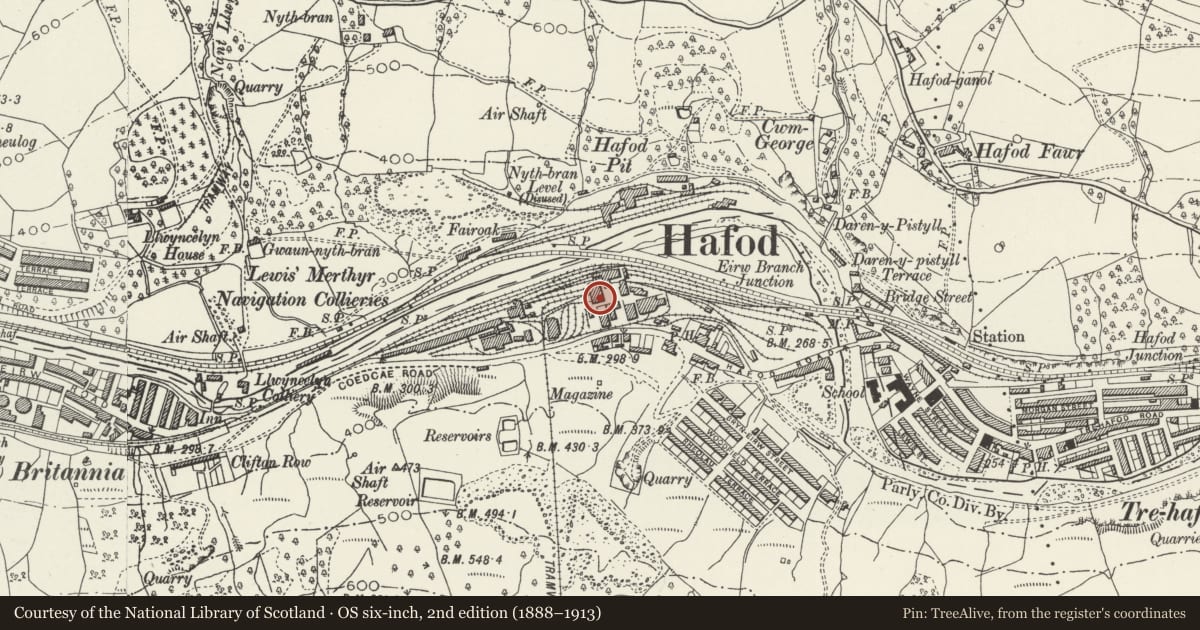 Ordnance Survey six-inch map, 2nd edition (1888–1913) covering the location of Former Lewis Merthyr Colliery Bertie pithead, headframe, tram circuit and tippler, Trehafod, Rhondda Cynon Taff, with a pin at the register's coordinates