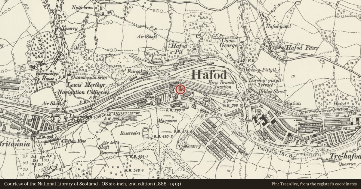 Ordnance Survey six-inch map, 2nd edition (1888–1913) covering the location of Former Lewis Merthyr Colliery Trefor pithead and headframe, Trehafod, Rhondda Cynon Taff, with a pin at the register's coordinates