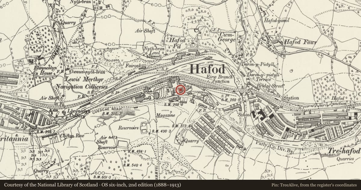 Ordnance Survey six-inch map, 2nd edition (1888–1913) covering the location of Former Lewis Merthyr Colliery Trefor winding engine house, Trehafod, Rhondda Cynon Taff, with a pin at the register's coordinates