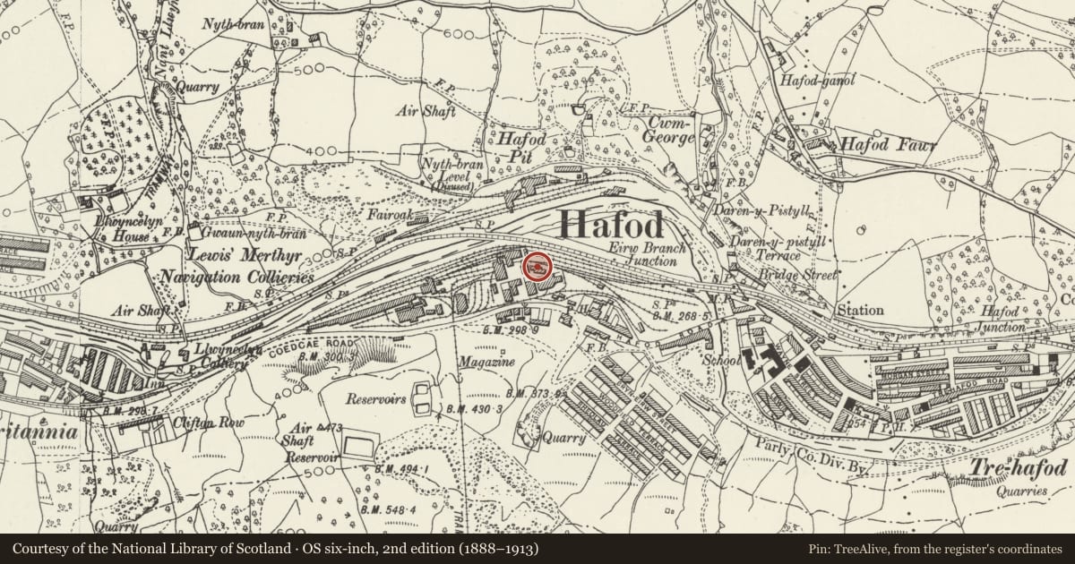 Ordnance Survey six-inch map, 2nd edition (1888–1913) covering the location of Former Lewis Merthyr Colliery fan house, Trehafod, Rhondda Cynon Taff, with a pin at the register's coordinates