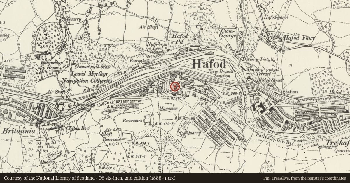 Ordnance Survey six-inch map, 2nd edition (1888–1913) covering the location of Former Lewis Merthyr Colliery Bertie winding engine house, Trehafod, Rhondda Cynon Taff, with a pin at the register's coordinates