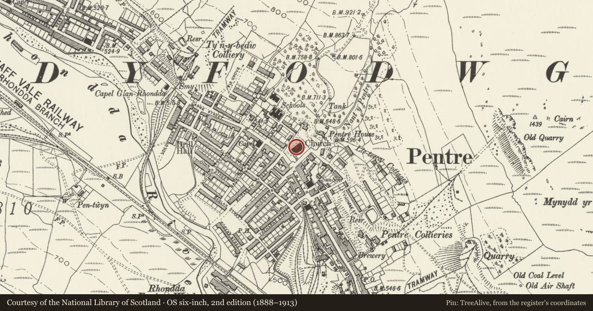 Ordnance Survey six-inch map, 2nd edition (1888–1913) covering the location of St.Peter's Parish Church, Pentre, Rhondda Cynon Taff, with a pin at the register's coordinates