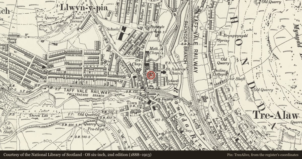 Ordnance Survey six-inch map, 2nd edition (1888–1913) covering the location of Trefnyddion Bethania Calfinaidd, Tonypandy, Rhondda Cynon Taff, with a pin at the register's coordinates