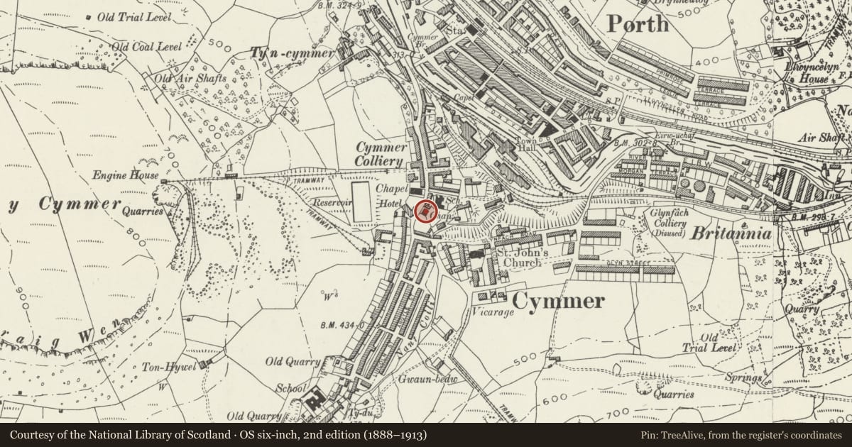 Ordnance Survey six-inch map, 2nd edition (1888–1913) covering the location of Cymmer Independent Chapel (also known as Hen Capel Y Cymmer), Rhondda Cynon Taff, with a pin at the register's coordinates