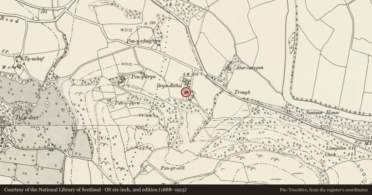 Ordnance Survey six-inch map, 2nd edition (1888–1913) covering the location of Bryn Dethol, Llangollen, Denbighshire, with a pin at the register's coordinates