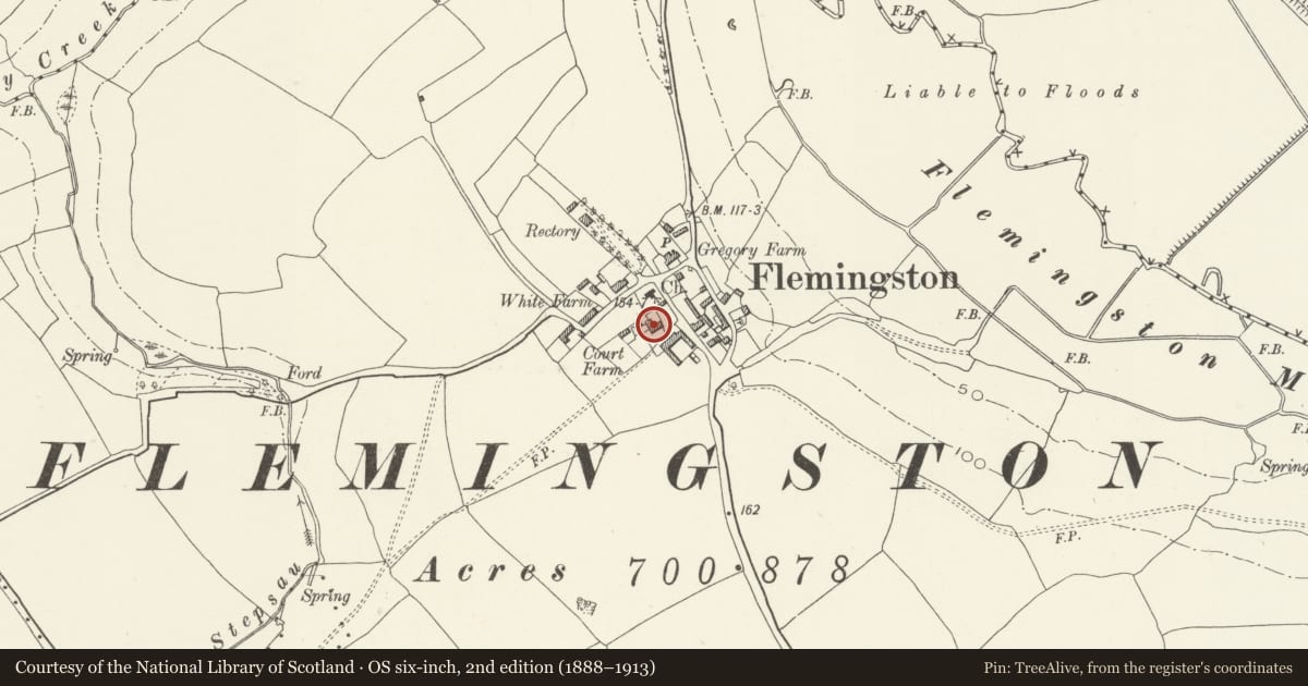 Ordnance Survey six-inch map, 2nd edition (1888–1913) covering the location of Flemingston Court Farmhouse, St. Athan, Vale of Glamorgan, with a pin at the register's coordinates