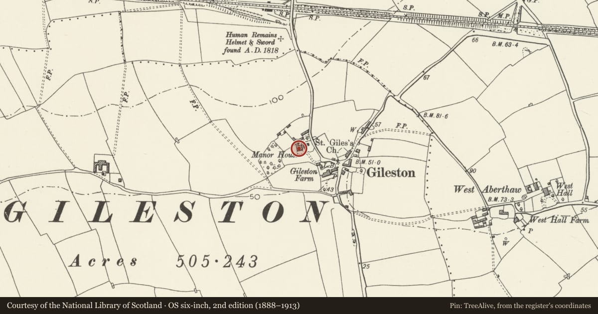 Ordnance Survey six-inch map, 2nd edition (1888–1913) covering the location of Gileston Manor, St. Athan, Vale of Glamorgan, with a pin at the register's coordinates