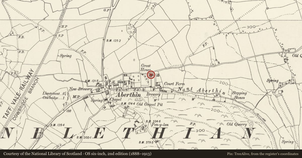 Ordnance Survey six-inch map, 2nd edition (1888–1913) covering the location of Great House (Ty Mawr), Aberthin, Cowbridge with Llanblethian, Vale of Glamorgan, with a pin at the register's coordinates