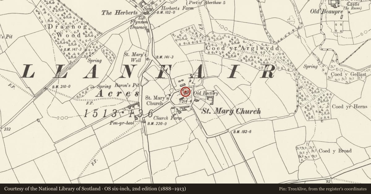 Ordnance Survey six-inch map, 2nd edition (1888–1913) covering the location of Old Rectory, Llanfair, Vale of Glamorgan, with a pin at the register's coordinates