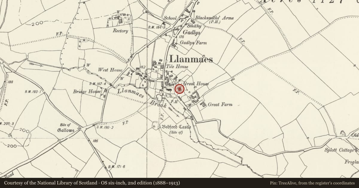 Ordnance Survey six-inch map, 2nd edition (1888–1913) covering the location of Llanmaes House, Llan-Maes, Vale of Glamorgan, with a pin at the register's coordinates