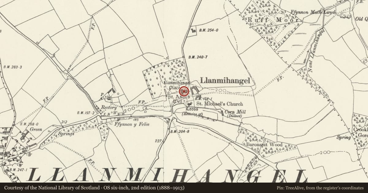 Ordnance Survey six-inch map, 2nd edition (1888–1913) covering the location of Llanmihangel Place, Llandow, Vale of Glamorgan, with a pin at the register's coordinates